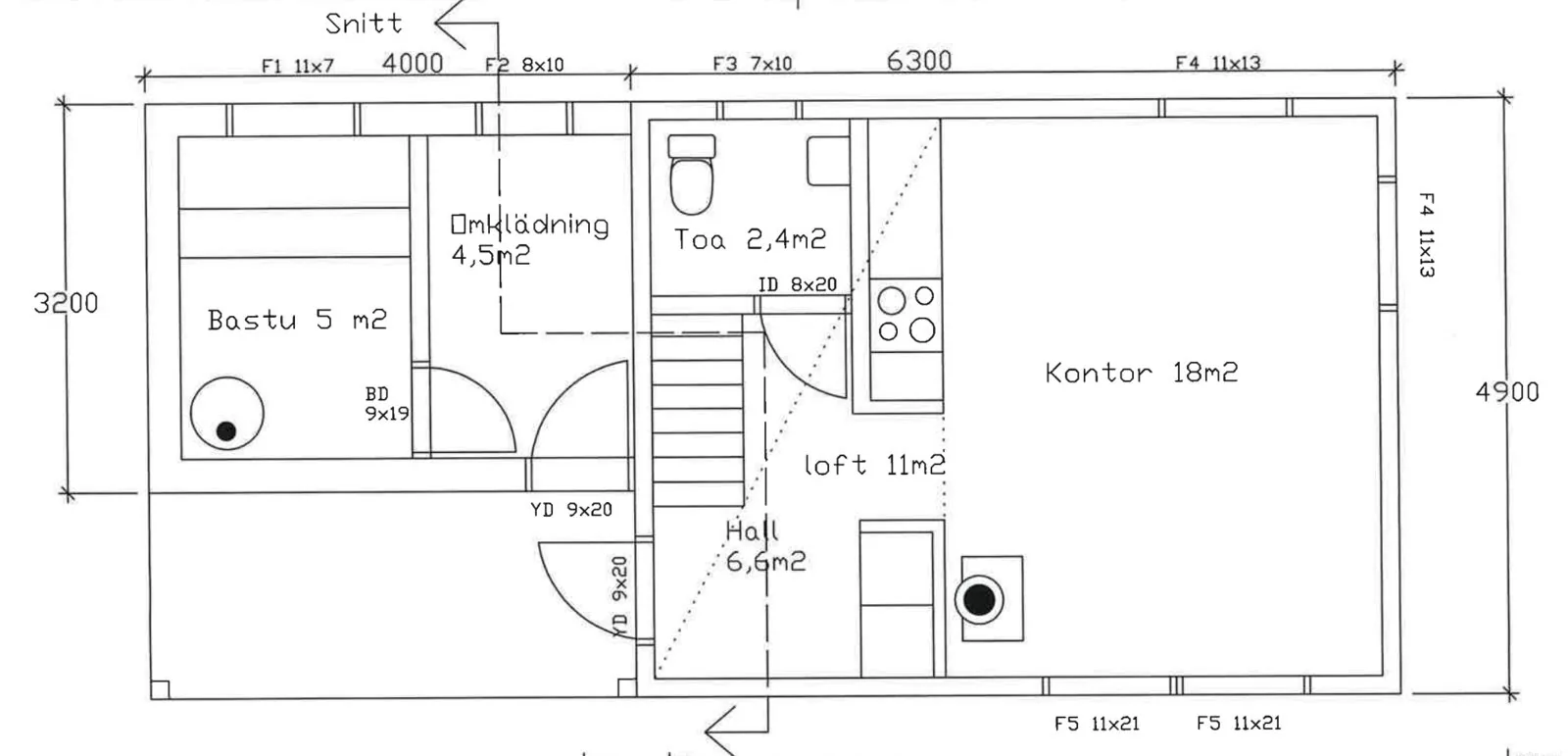 Planlösning gäststuga och bastu – kontor 18 m², loft 11 m², hall 6,6 m², omklädning 4,5 m², bastu 5 m², torrtoa 2,4 m²
