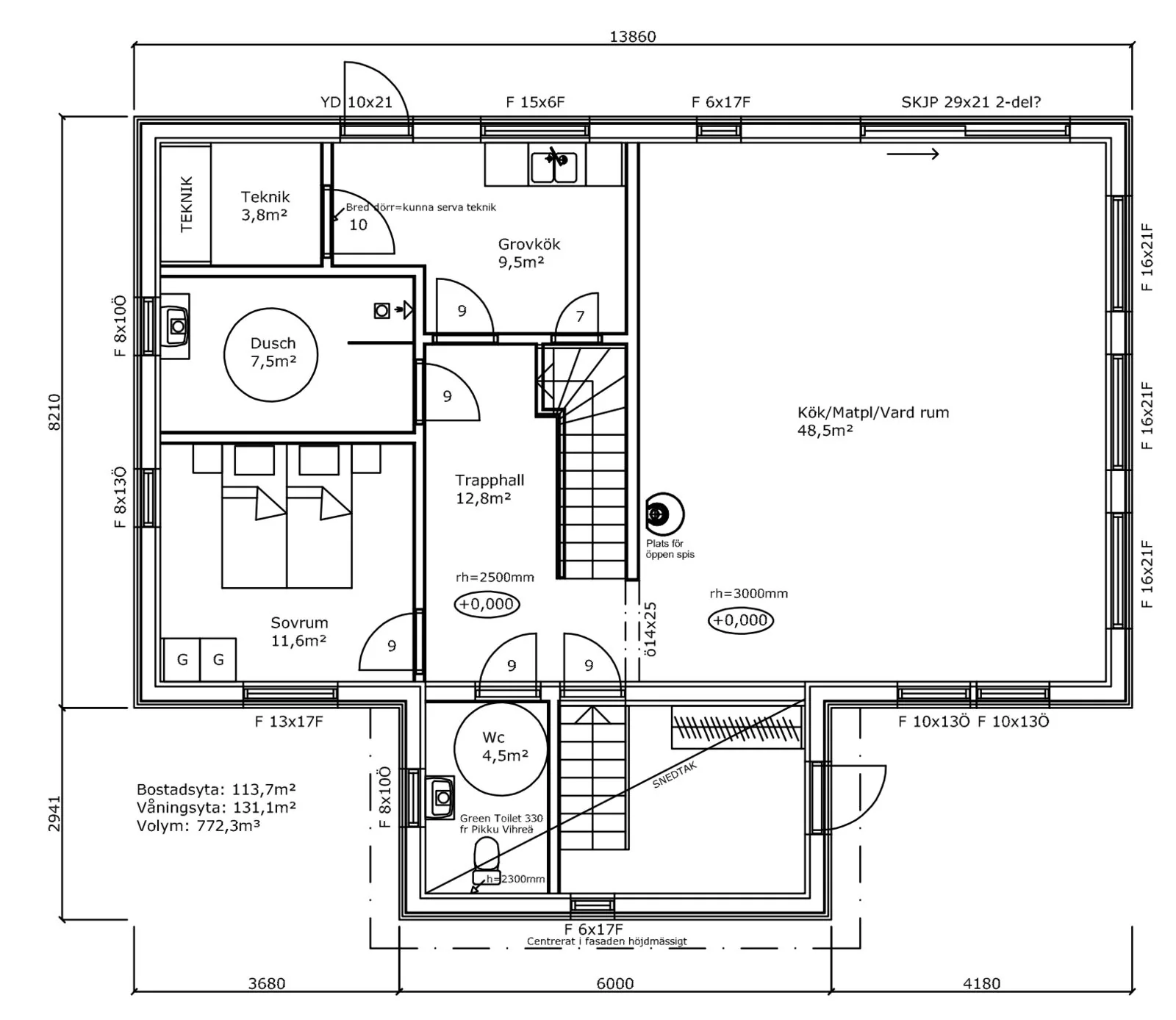 Planlösning huvudvåning – kök/matplats/vardagsrum 48,5 m², sovrum 11,6 m², dusch 7,5 m², wc 4,5 m², trapphall 12,8 m², teknik 3,8 m², grovkök 9,5 m²