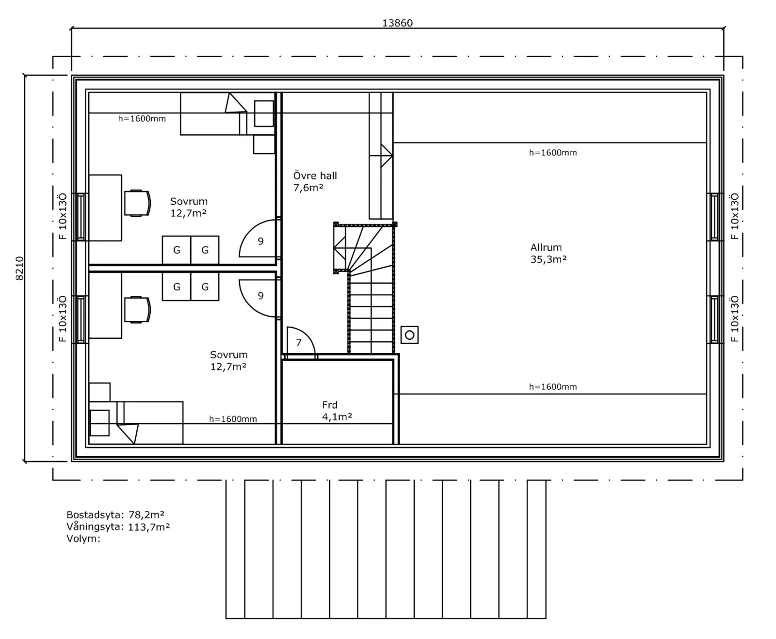 Planlösning övre plan – allrum 35,3 m², sovrum 12,7 m² (×2), övre hall 7,6 m², förråd 4,1 m²